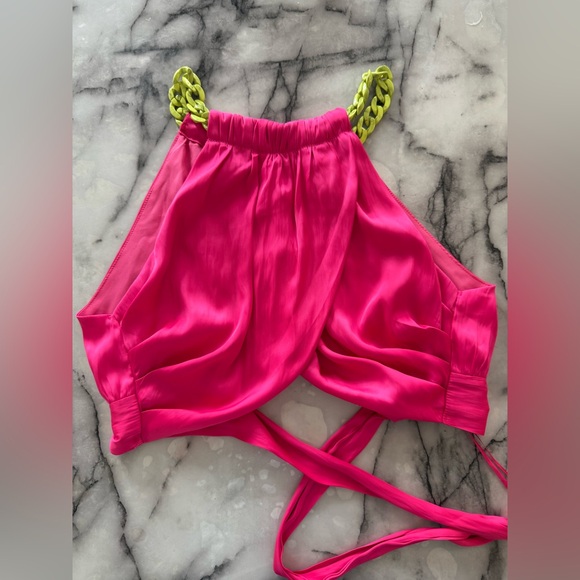 DO+BE Tops - Vibrant Pink cropped Halter Top with Neon Green chain Straps